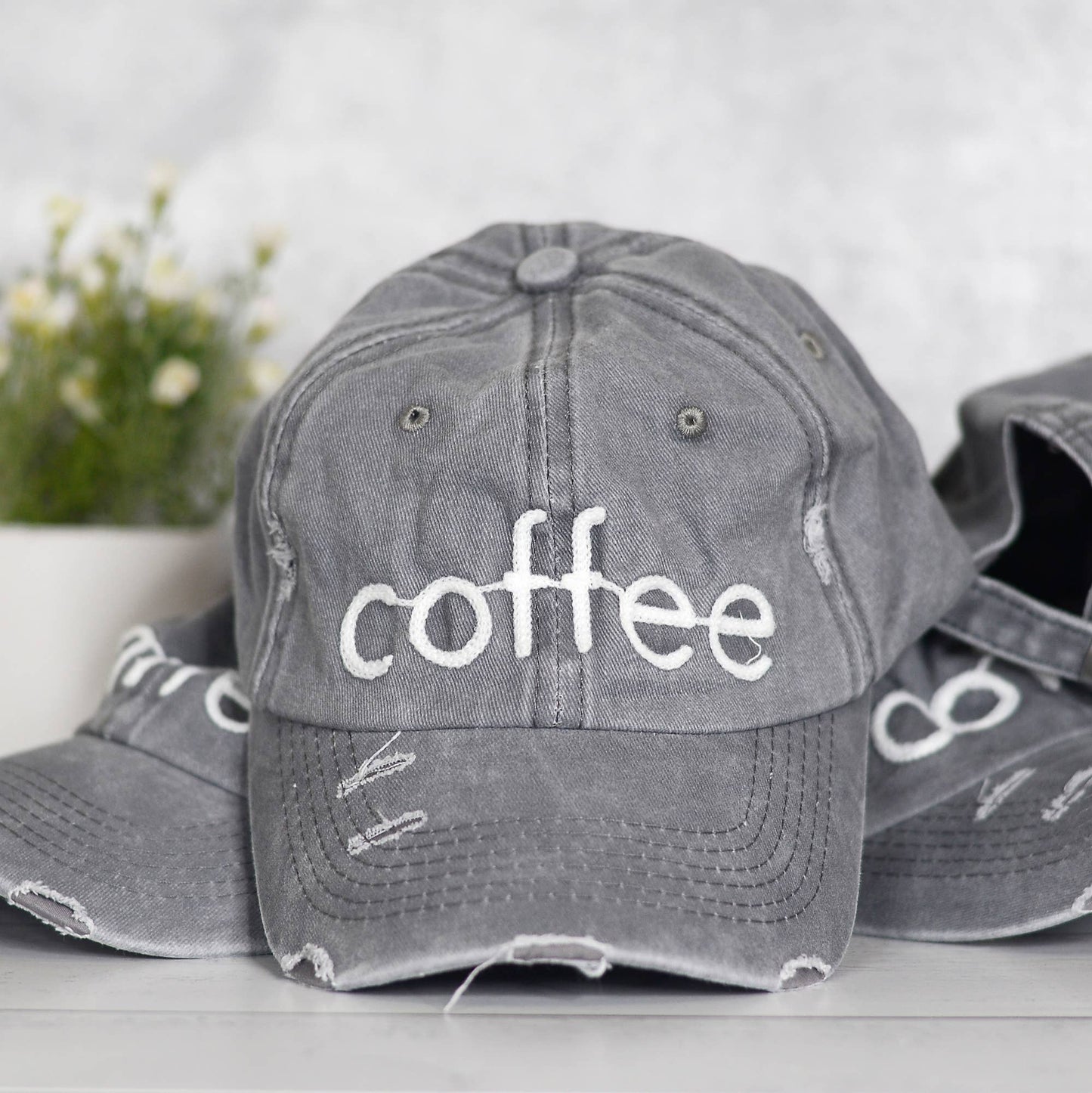 Grey 'Coffee' Distressed Unisex Hat
