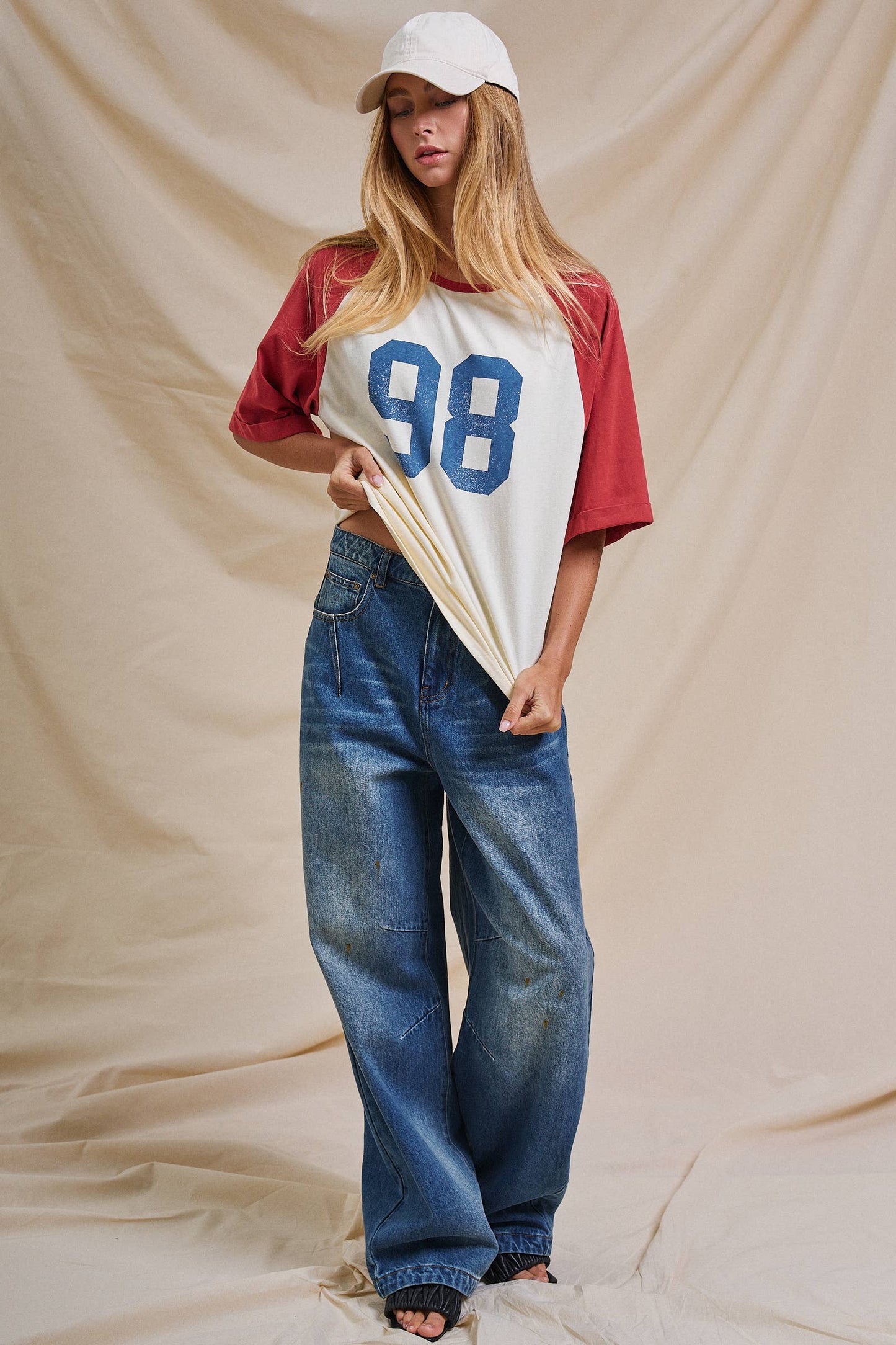 Ivory and Red Vintage Varsity  Cotton Baseball Tee - 141381