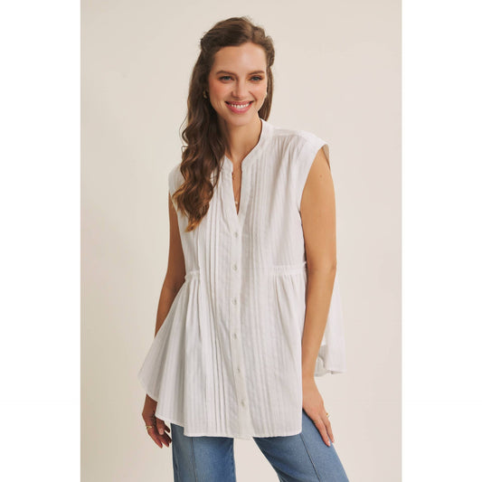White Cotton Pleated Button Down Tunic Shirt- 142947