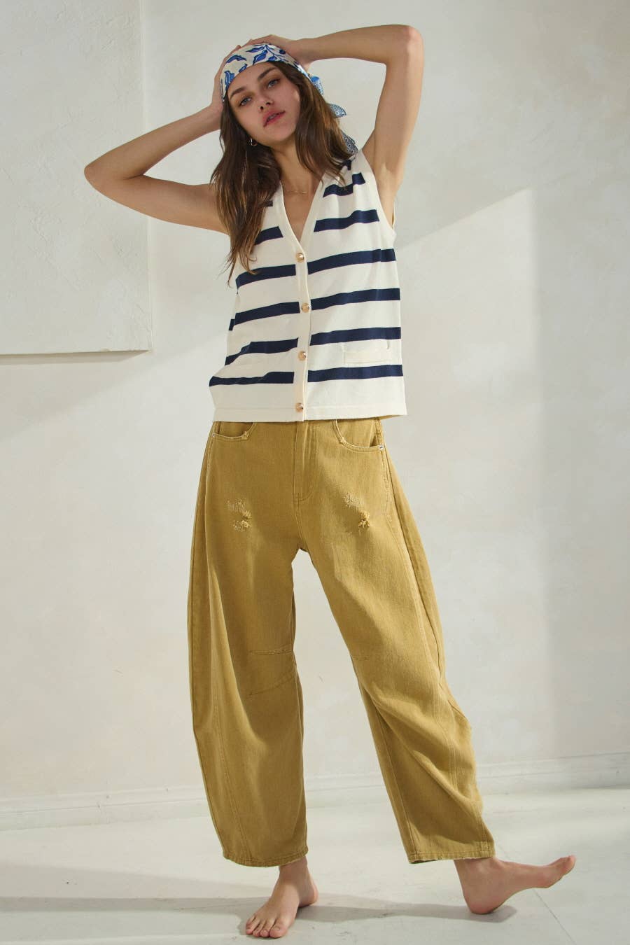 Mustard Acid Washed Barrel Denim Pants-131774