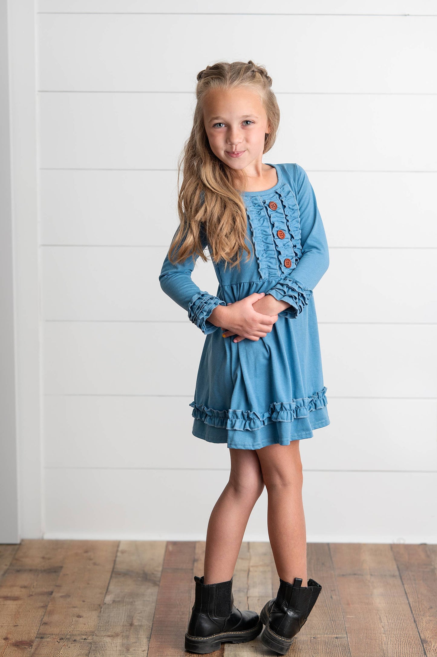 Long Sleeve Solid Blue Ruffle Button Cotton Dress