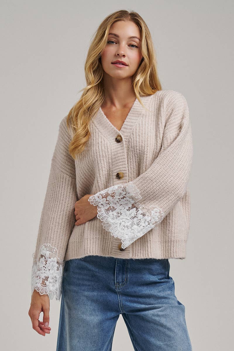 Oatmeal V-Neck Lace Cuff Cardigan-150428