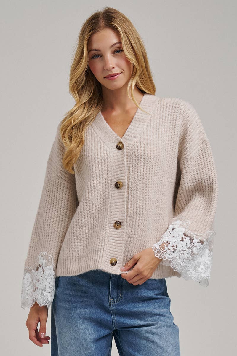 Oatmeal V-Neck Lace Cuff Cardigan-150428