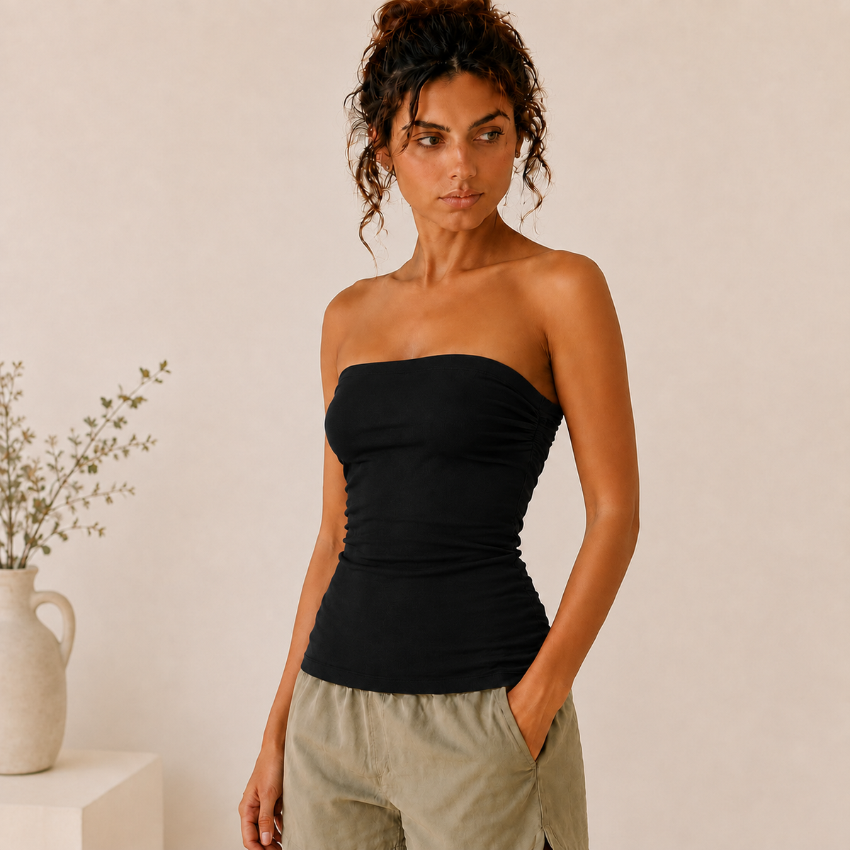 Black, White or Olive Cotton Double Layer Long Tube Top-180025