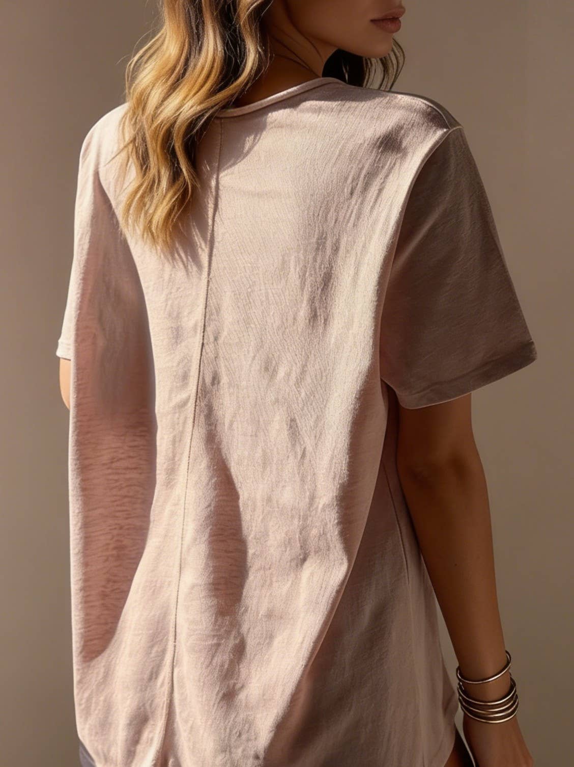 Cotton blend short sleeve roll neck tees V-neck T-shirt - Grey or Pink - 146744