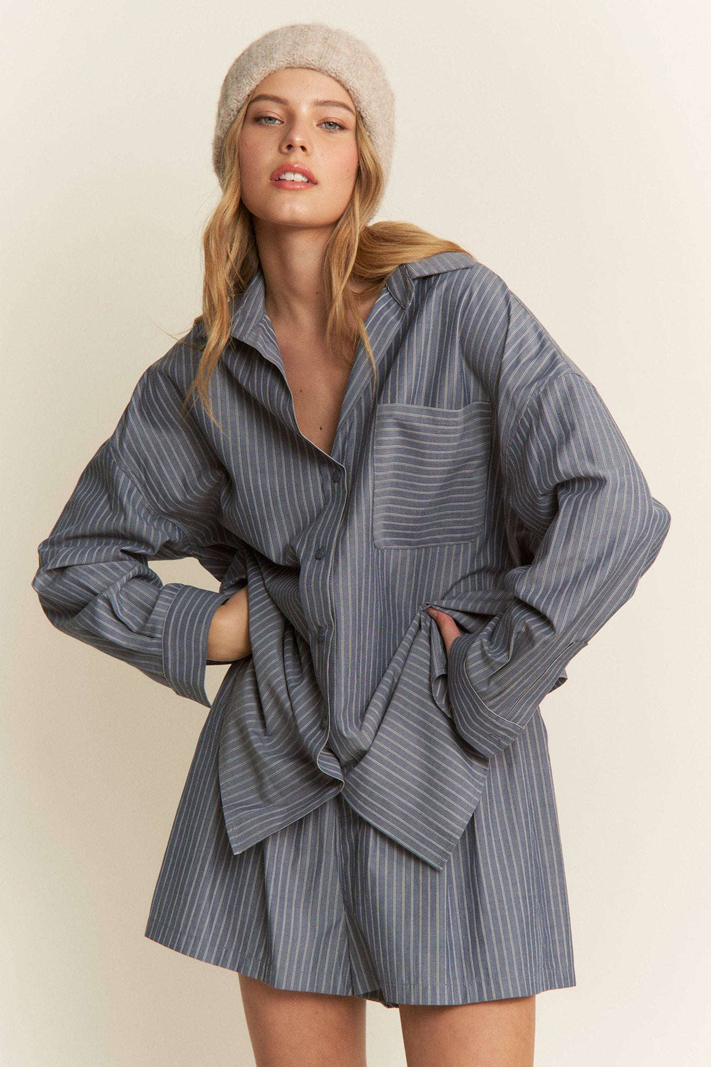 Blue Striped Cotton Button-Front Lounge Shorts