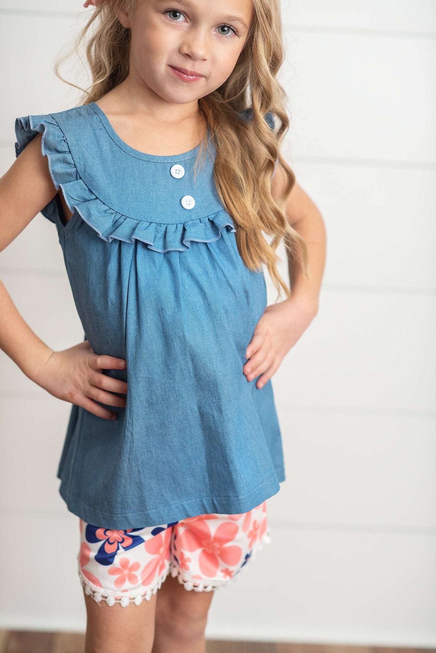 Girls Denim Flutter Top and Coral Floral Ruffle Short Set-171426