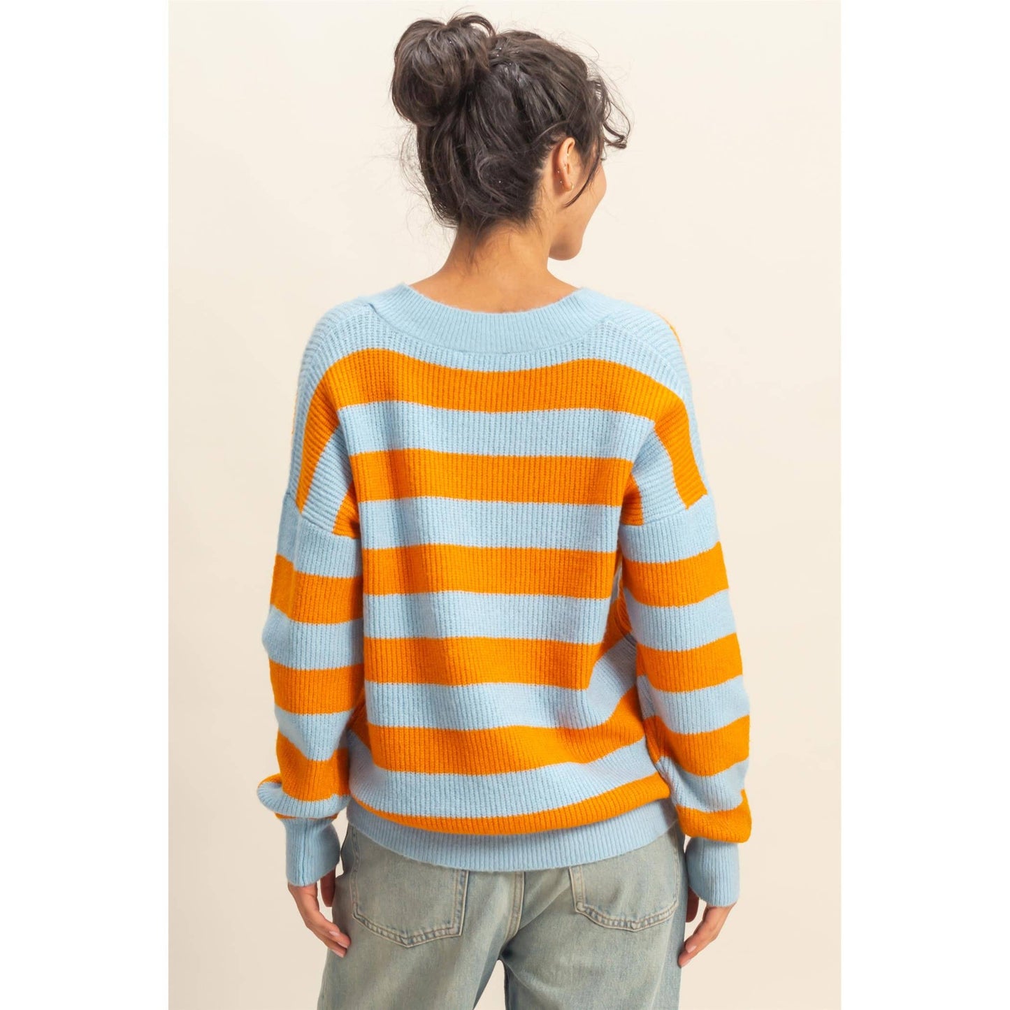 Orange and Blue Oversized Striped V-Neck Sweater
