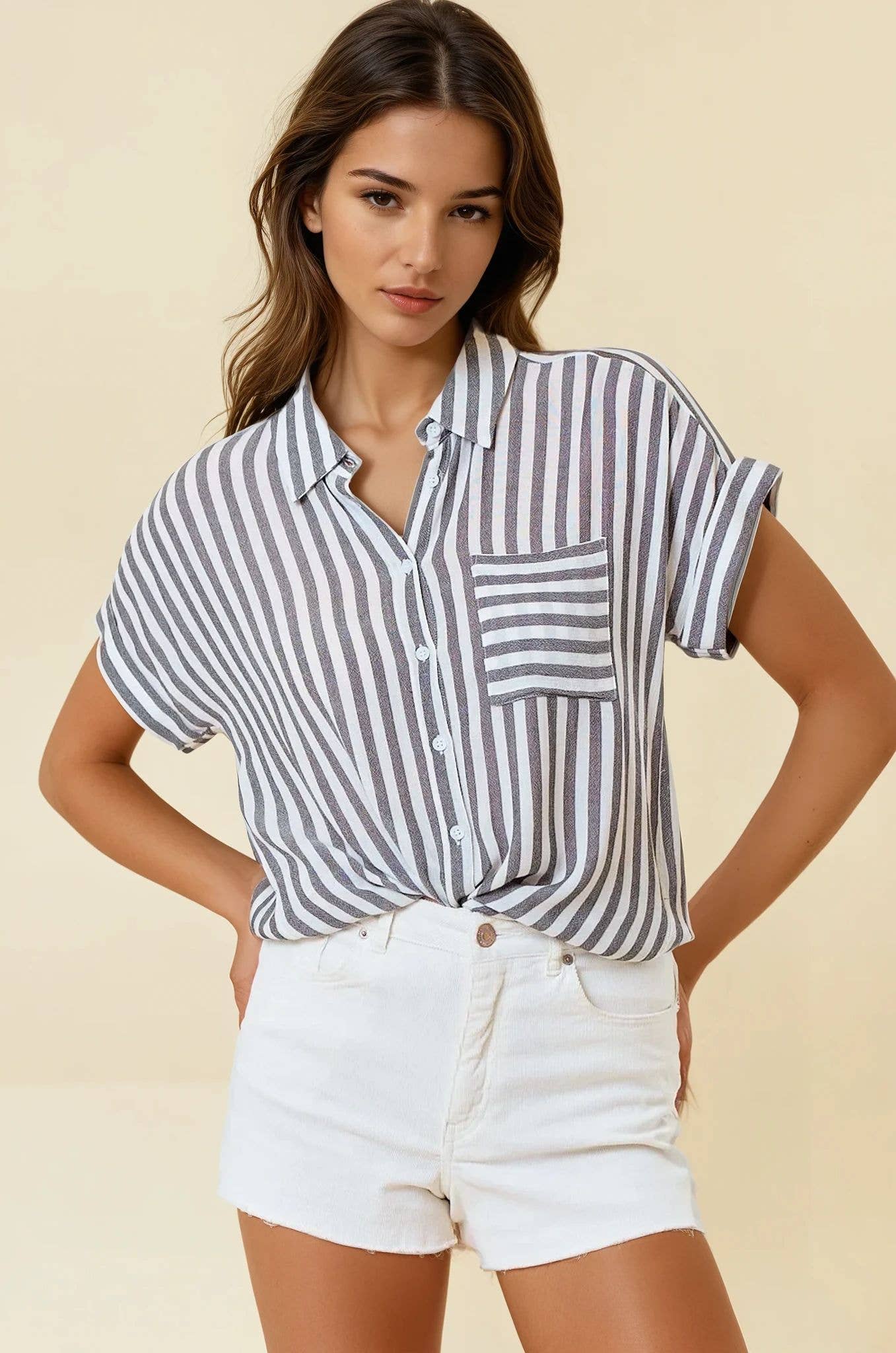 White and Faded Black Striped Shirt w/ Rolled Cuffs- 144132