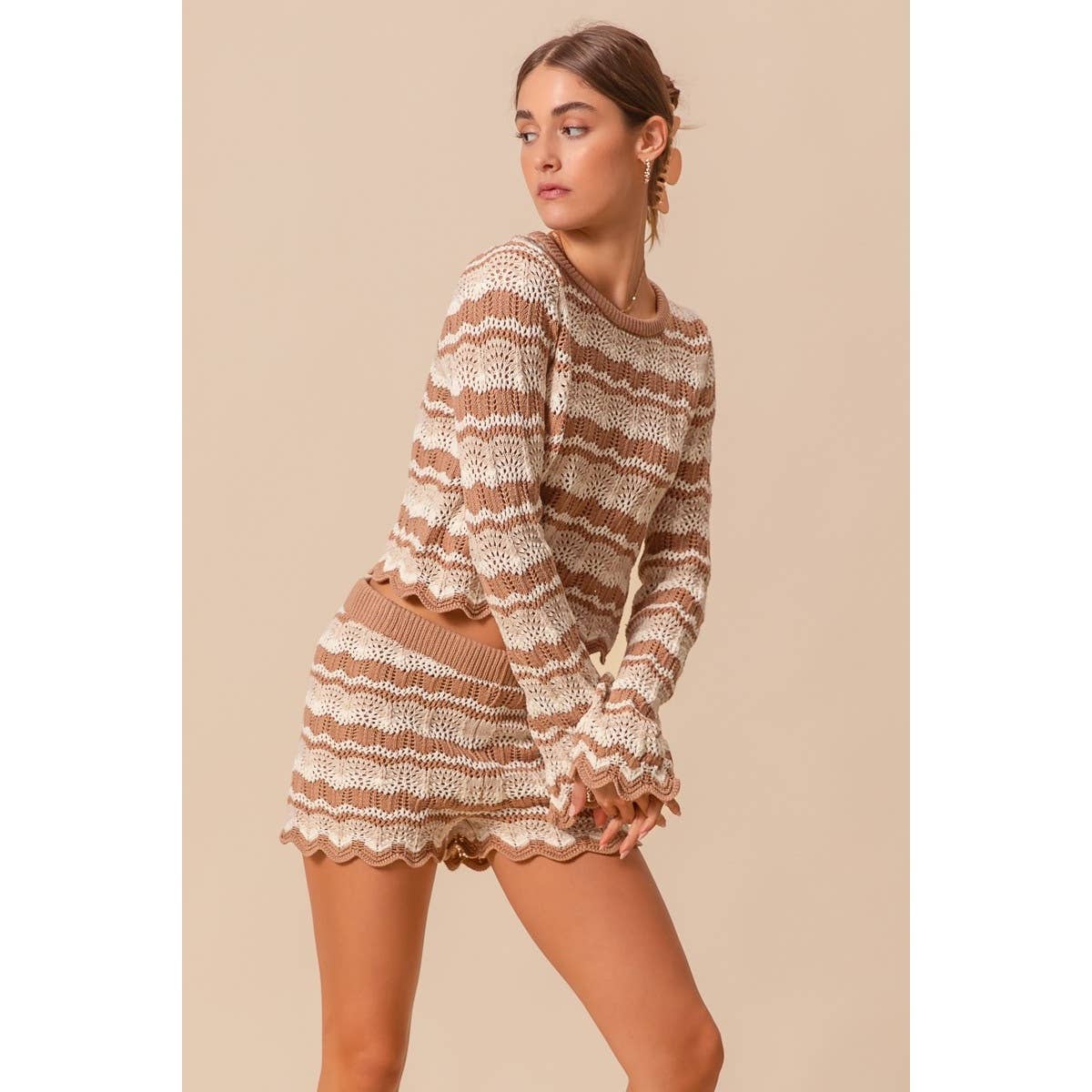 Black Combo Crochet Knitted Scallop Edge Shorts- 111137