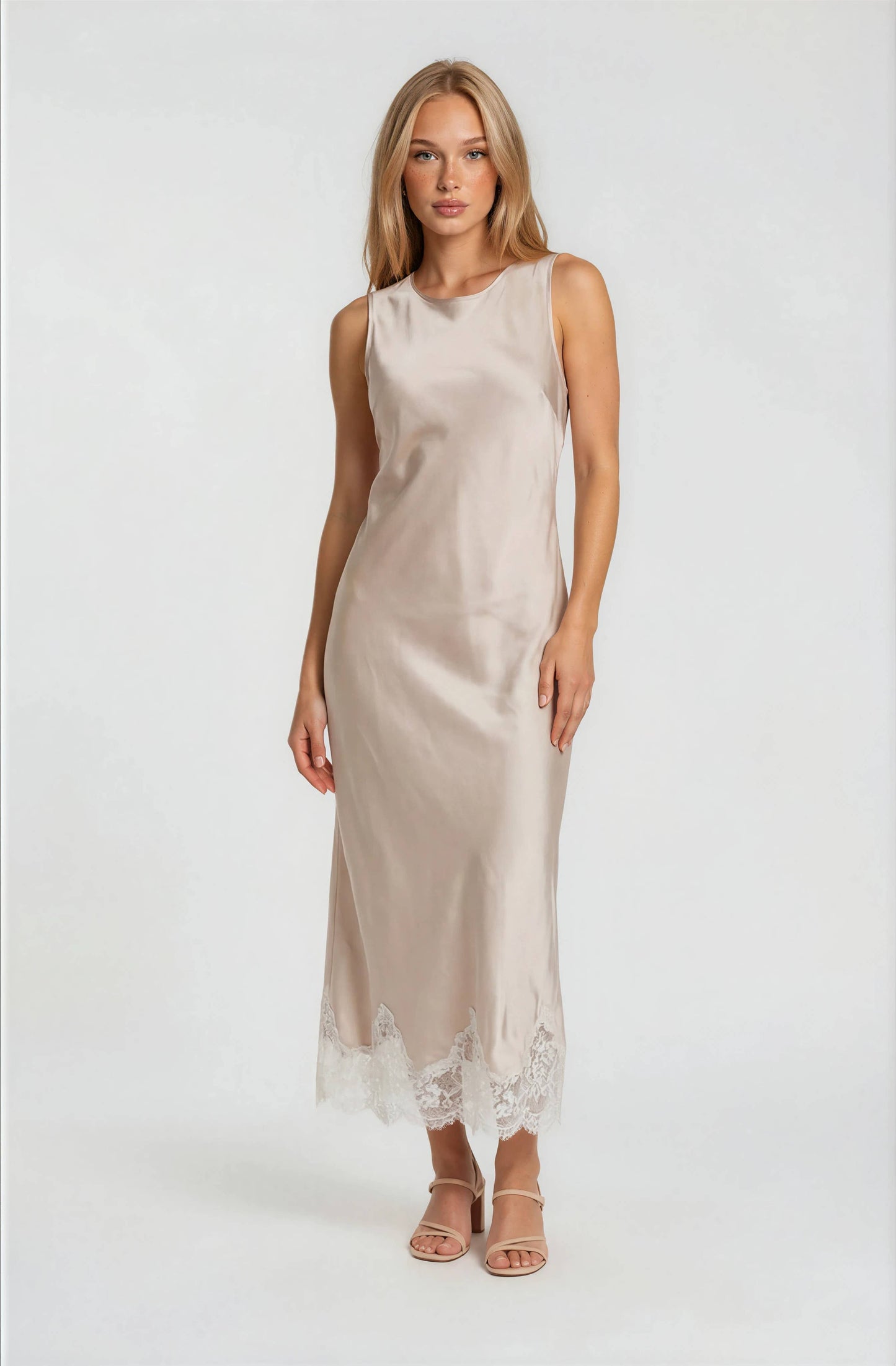 Champagne Satin Dress w/ Lace Trim Detail-124333