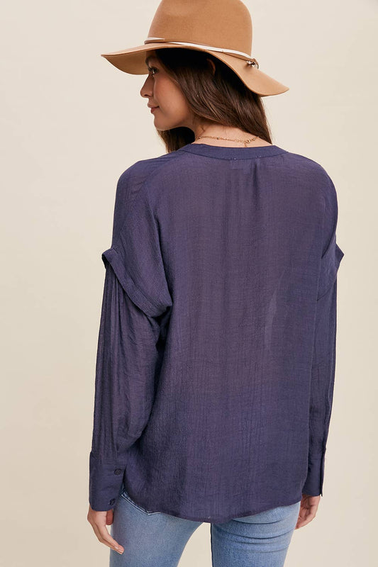 Navy Tassel Tie Boho Blouse- 140783