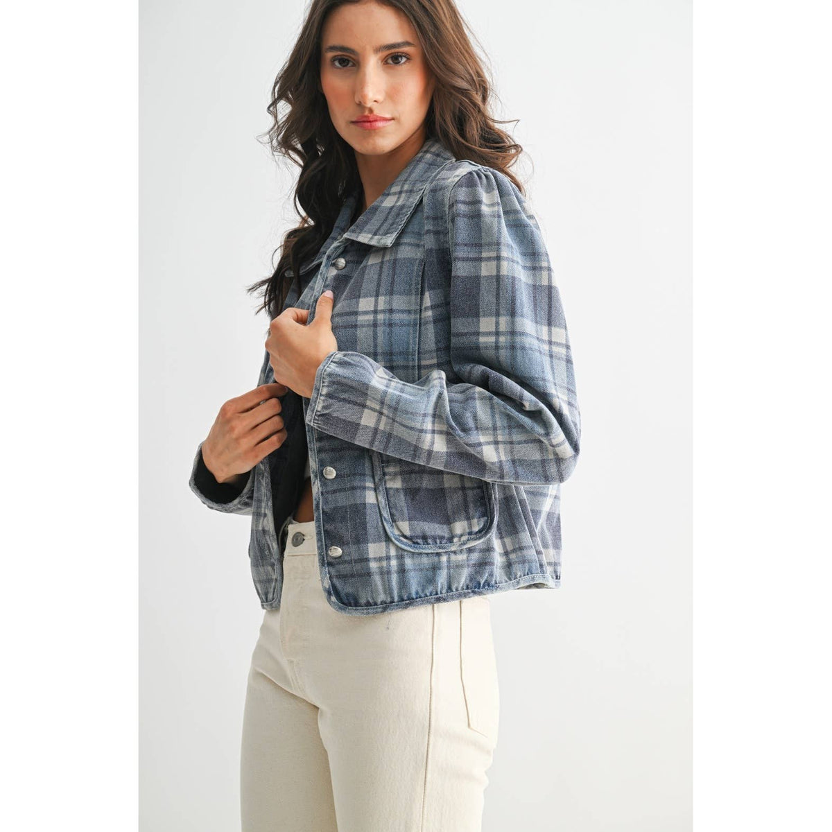 Blue Wash Denim Plaid Button-Front Jacket - 166324