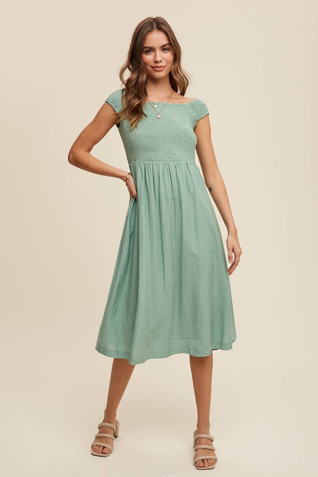 Jade Green Ruched Bodice Midi Dress- 121343