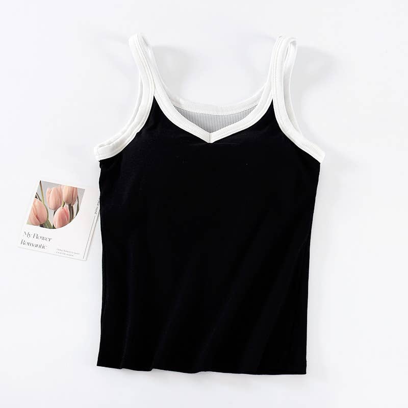 Black W/ White Contrast Trim Shelf Bra Tank Top-184295