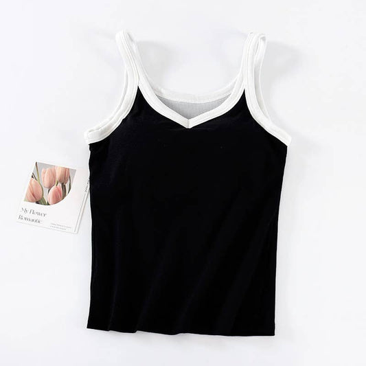Black W/ White Contrast Trim Shelf Bra Tank Top-184295