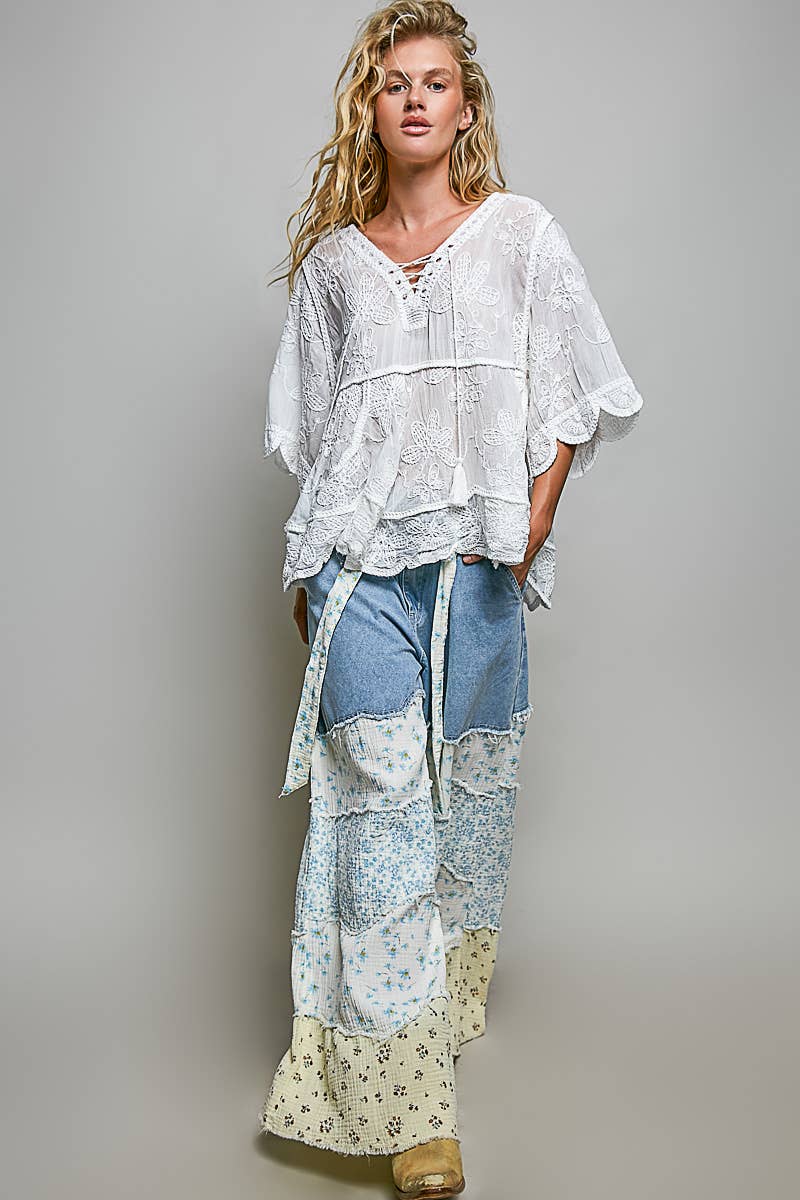 Off White Tassel Loop Point Ruffle Crochet Top-143198
