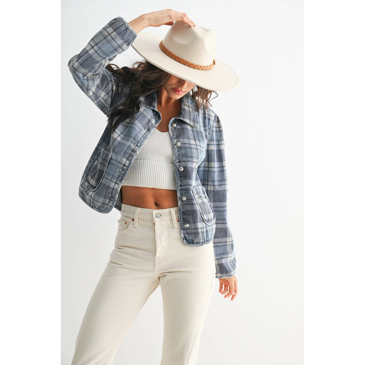 Blue Wash Denim Plaid Button-Front Jacket - 166324