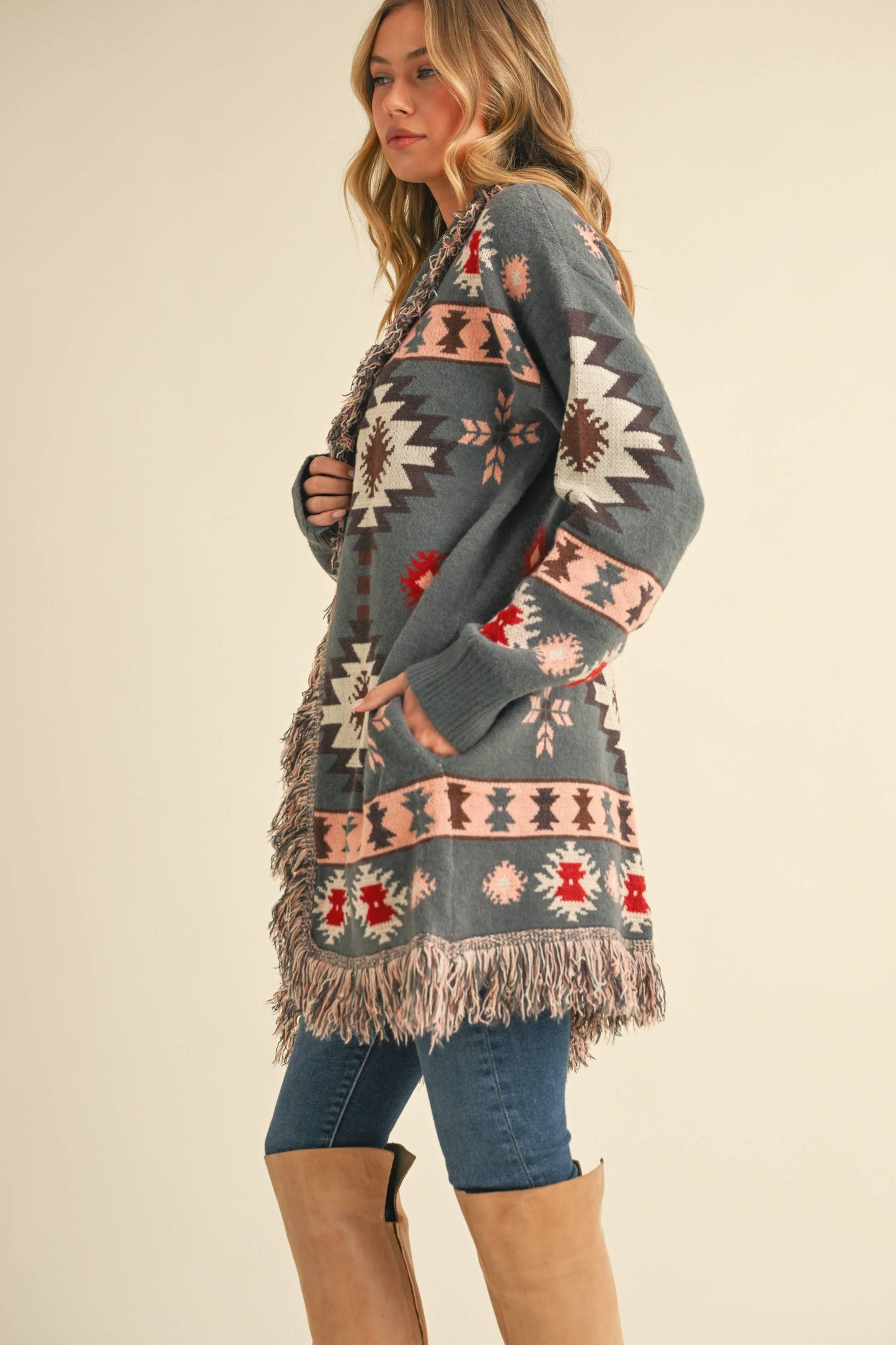 Aztec Print Fringed Knitted Long Cardigan