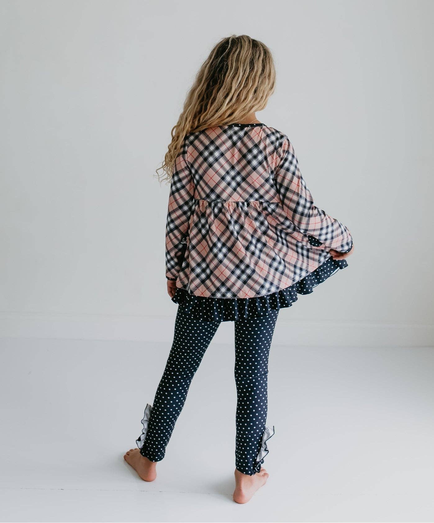 Tan Plaid Top & Polka Dot Ruffle Button Legging Set