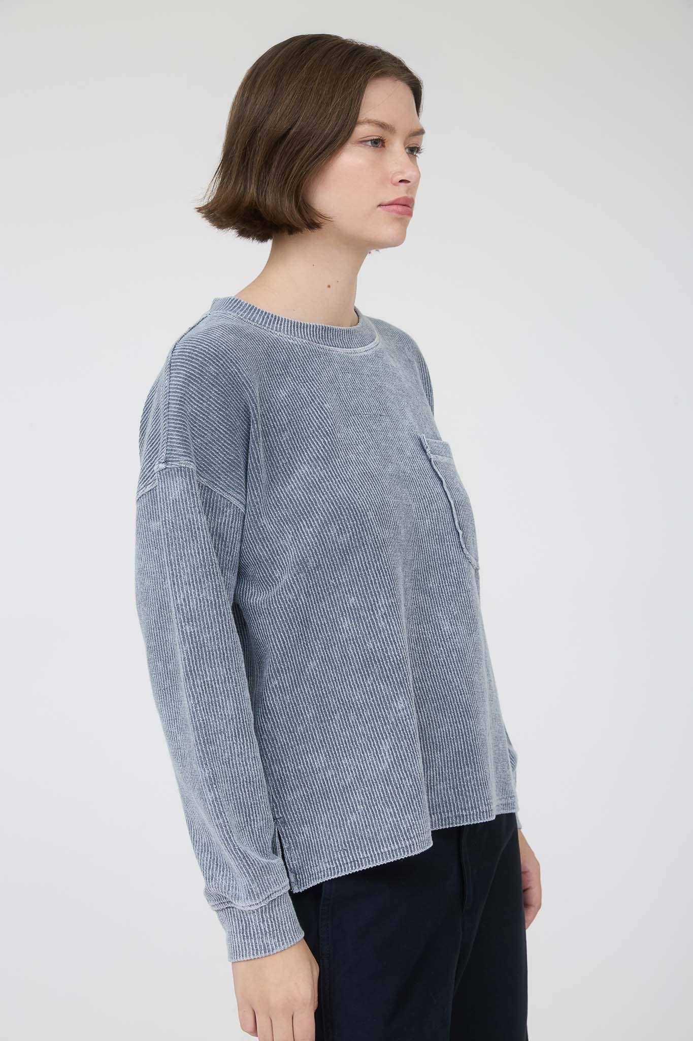Acid Washed Oversized Blue Cotton Ribbed Front Pocket Top