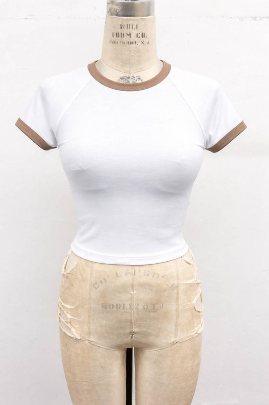 Ivory w/ Taupe Contrast Trim Crop Tee-145583