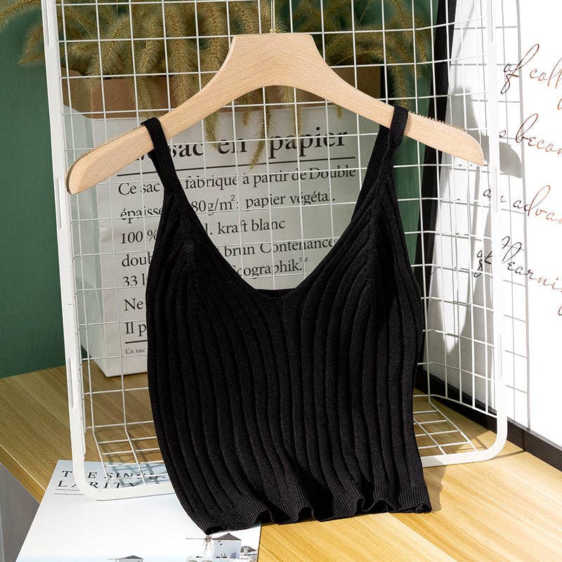 Strap Low Collar Knit Tank Black or White - 184908
