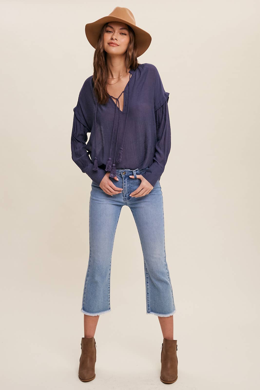 Navy Tassel Tie Boho Blouse- 140783