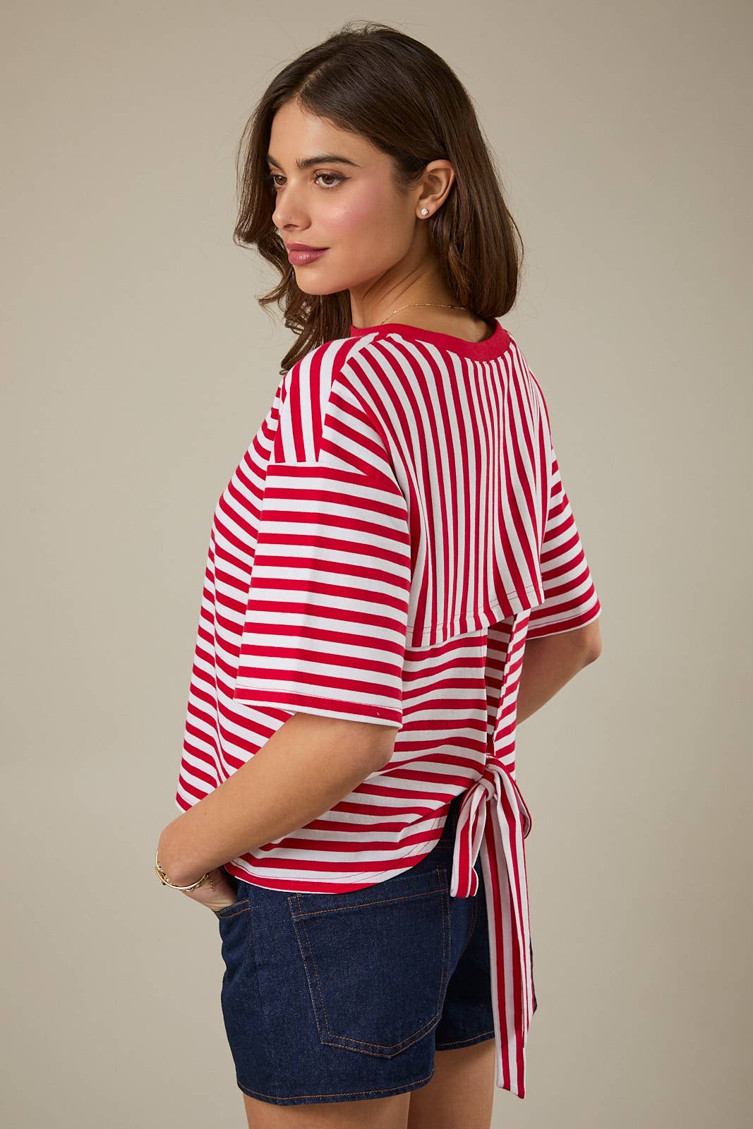 Red and White Stripe Boxy Tee w/ Cutout Open Tie Back-148088