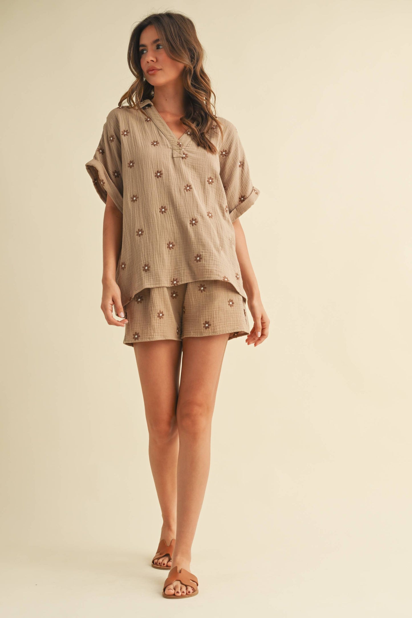 Mocha Embroidered Flower Cotton Short Set