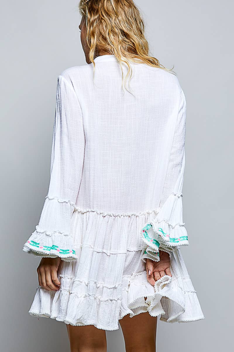 Ivory Embroidered Gauze Ruffle Button Down Dress-124040