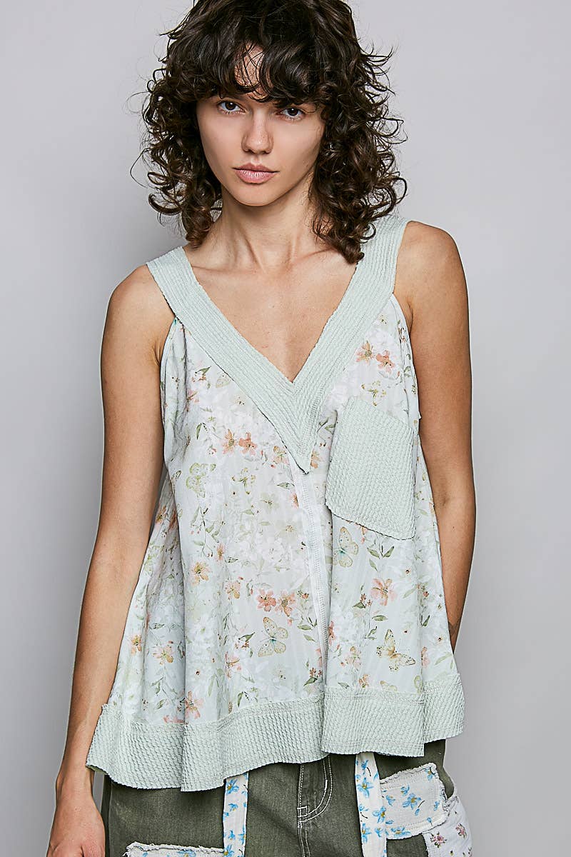 Sage Floral Print V-Neck Rib Patch Sleeveless Top-141768