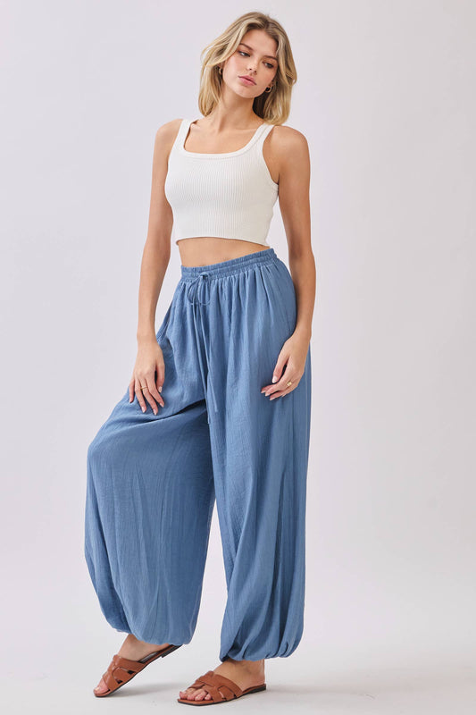 Slate Blue Flowy Gathered Wide Leg Pants