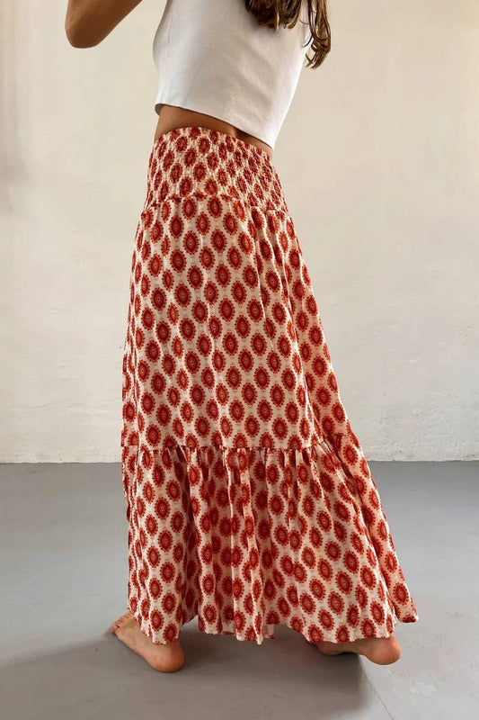 Orange Summer Sunburst Design Tiered Maxi Skirt