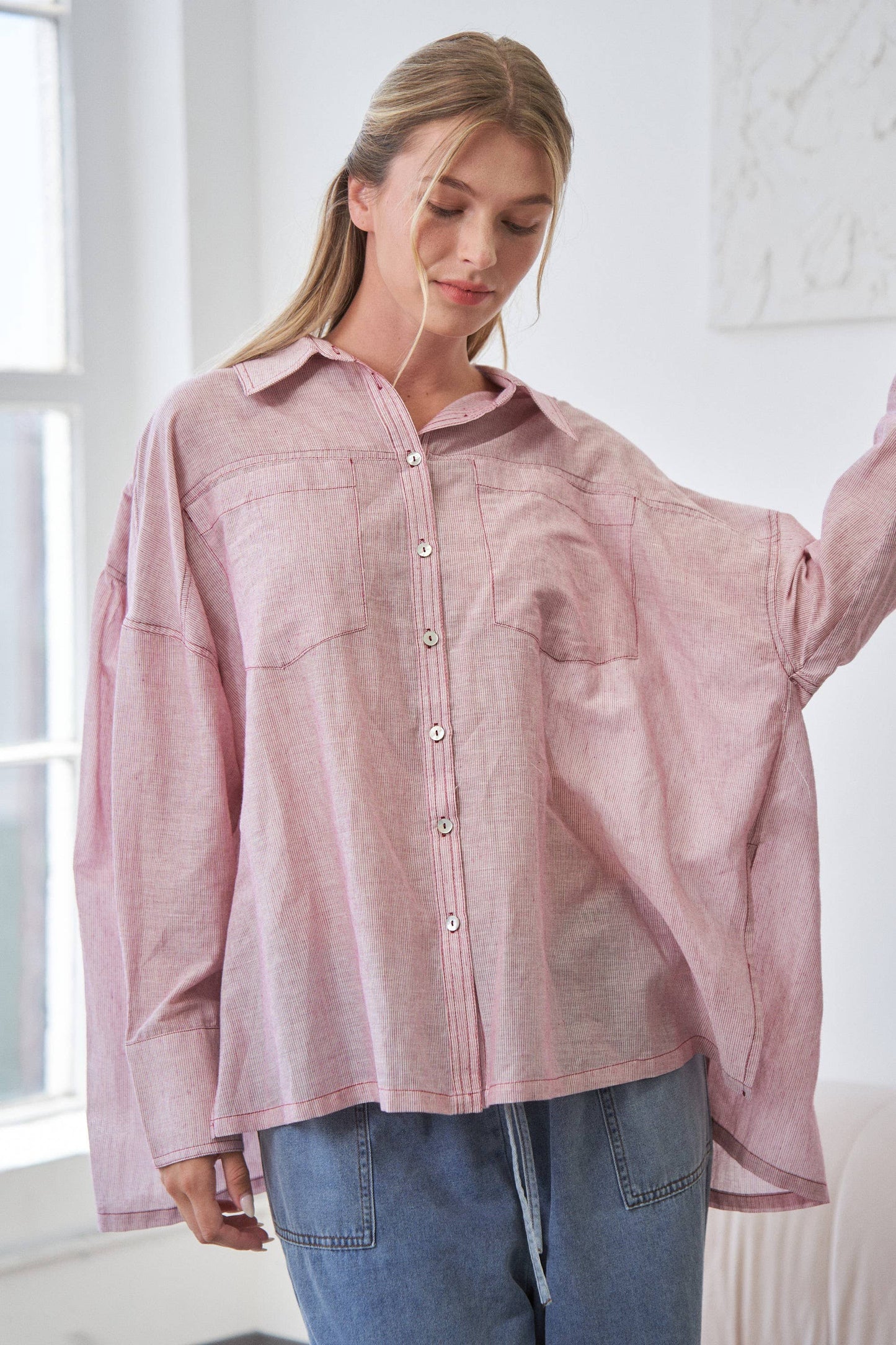 Red Mira Lightweight Sheer Oversized Button-Up Shirt