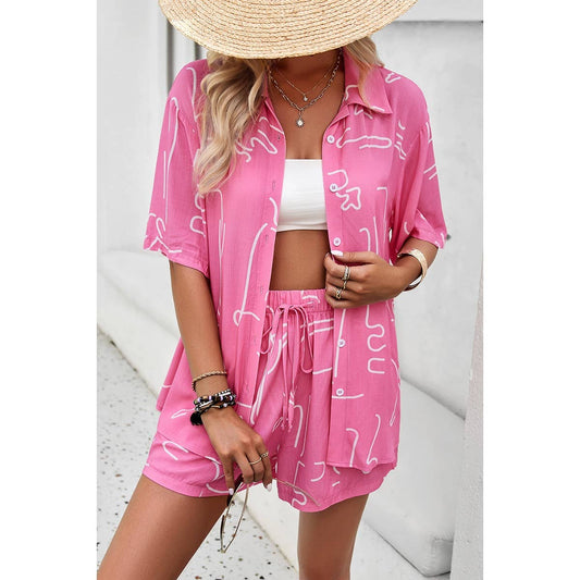 Fun Fuchsia Geo Print Two Pieces Short Set