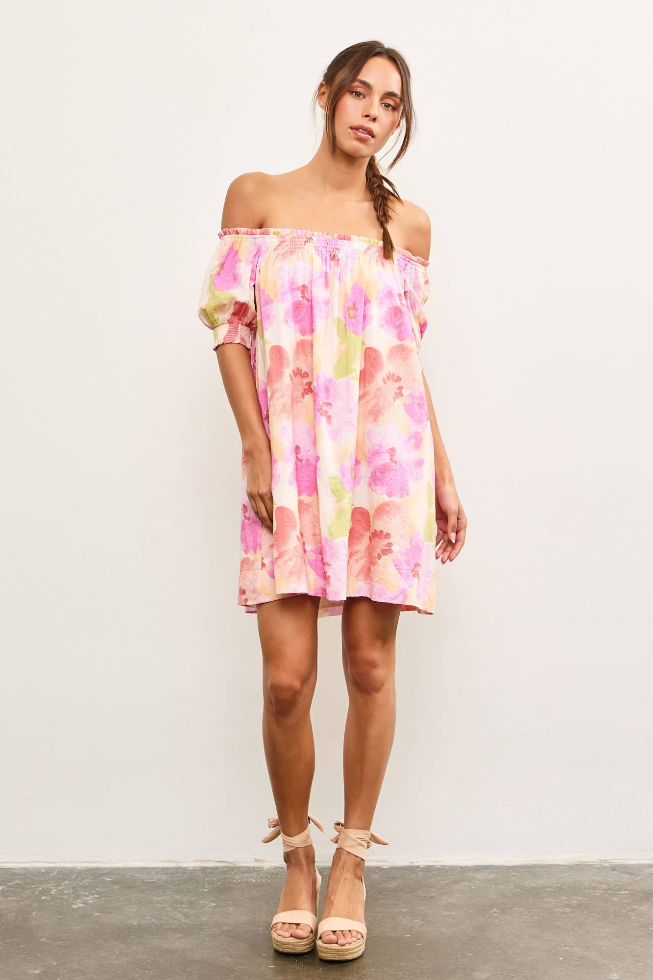 Pink Abstract Bloom Off-Shoulder Floral Dress-122482