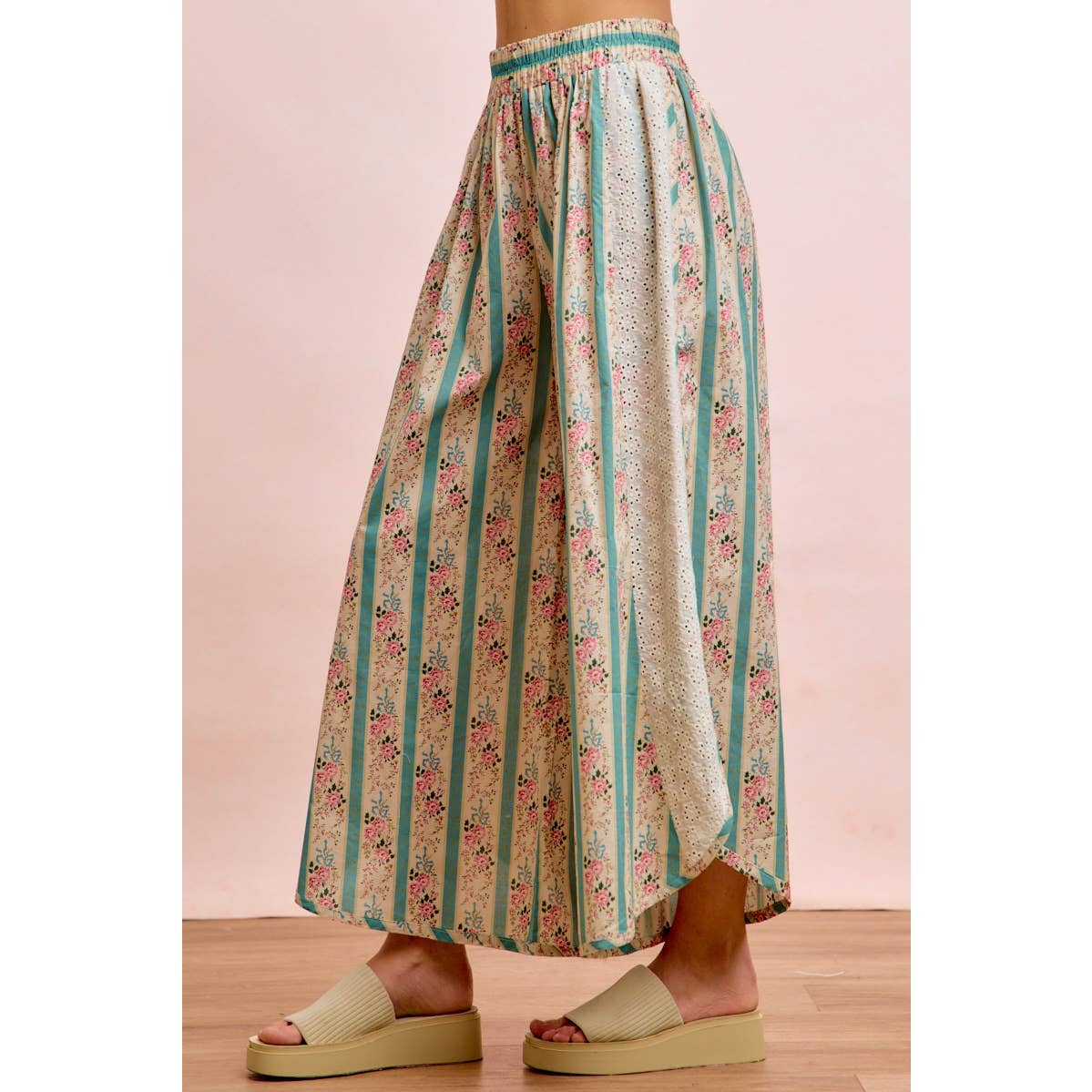 Teal w/ Pink Floral Eyelet Side Wide Leg Pants-141889