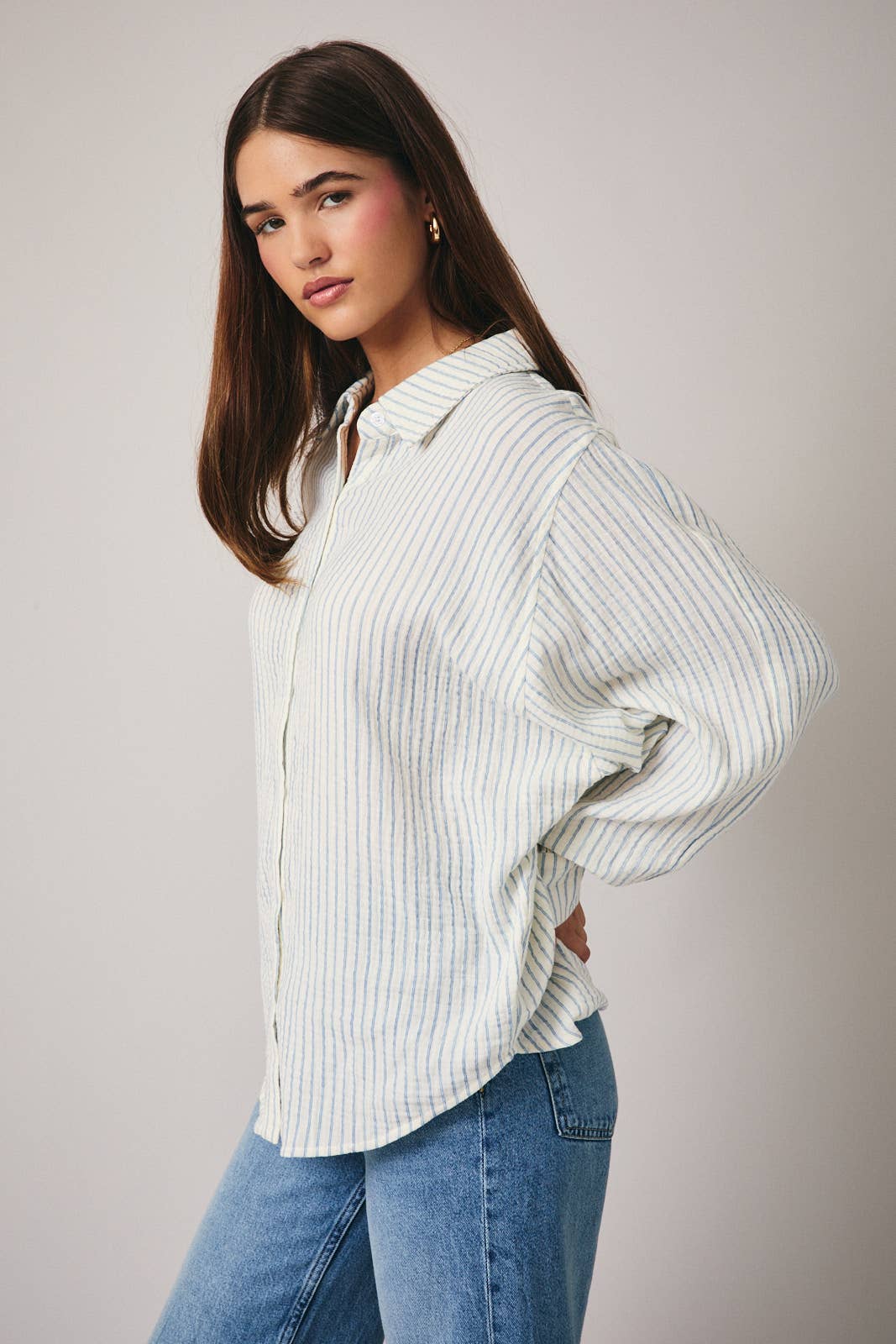 Blue and White Stripe Gauze Button Down Top
