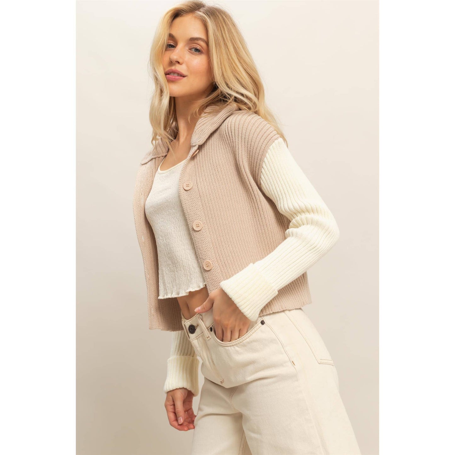 Sand and Ivory Contrasting Sleeves Sweater Cardigan- 155021