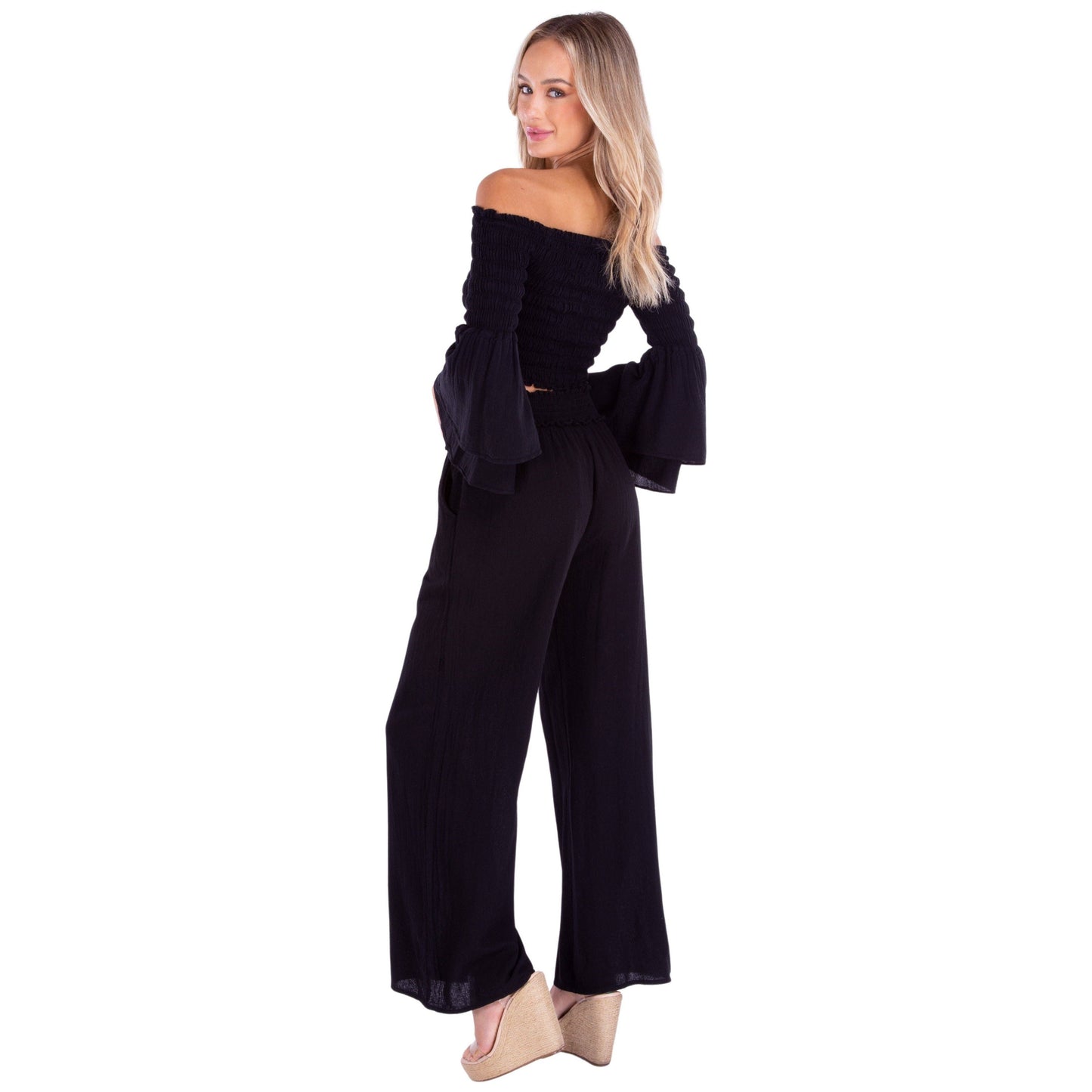 Black Smocked Waist Cotton Wide Leg Pants-131379