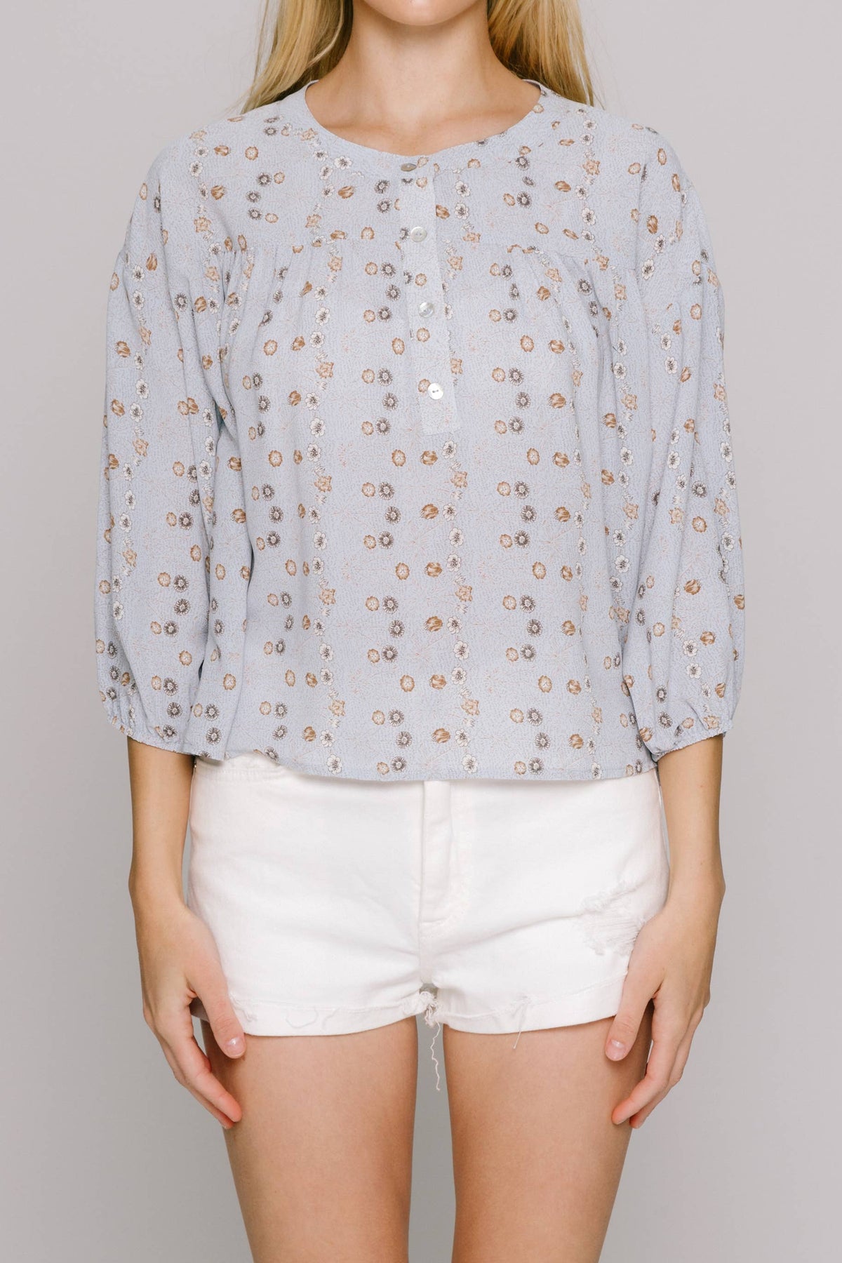 Blue Floral Print Flowy Blouse -143052