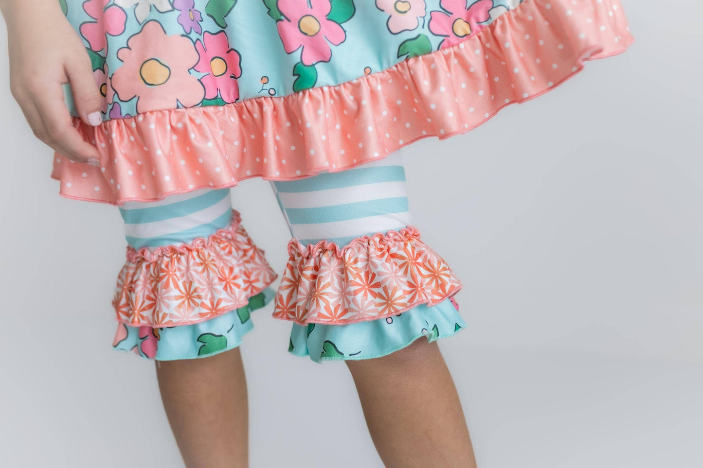 Girls Peach & Teal Floral Stripe Ruffle Lace Top and Capri Set-173611
