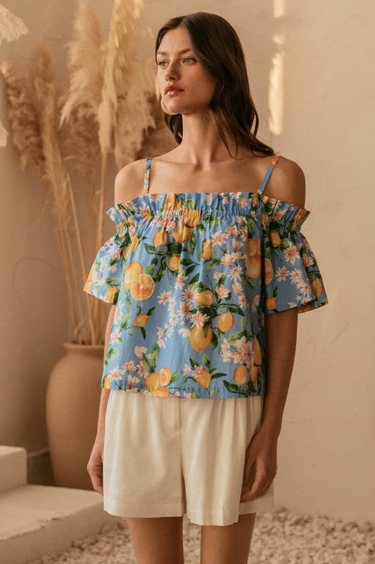 Blue Off Shoulder Lemon Print Top-146093