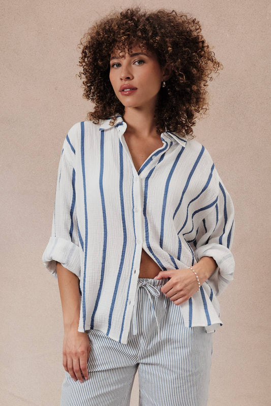 White and Blue Stripe Dolman Long Sleeve Button Down Shirt- 140647