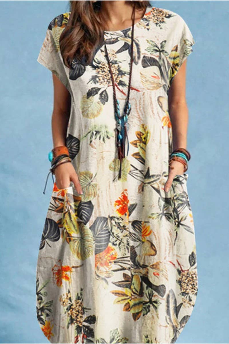 Cream Fall Garden Shift Dress with Front Large Pockets