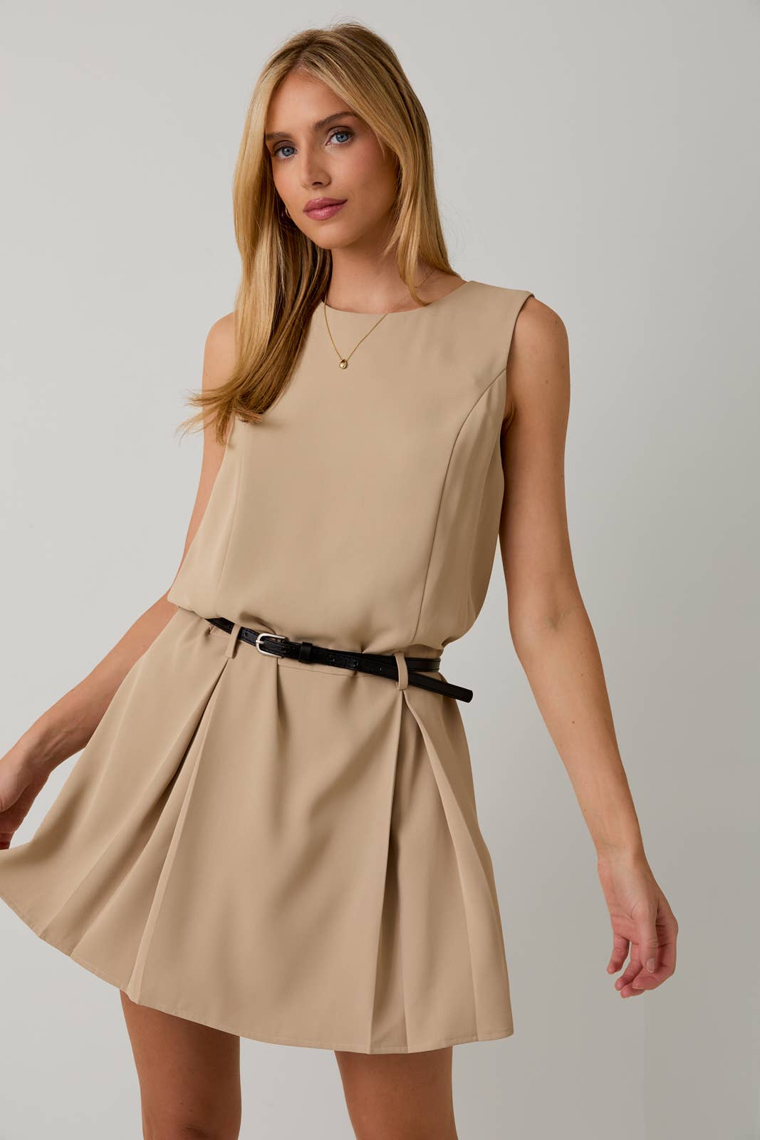 Taupe Drop Waist Dress w/ Belt- 122024