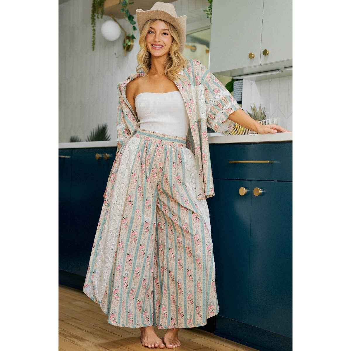 Teal w/ Pink Floral Eyelet Side Wide Leg Pants-141889