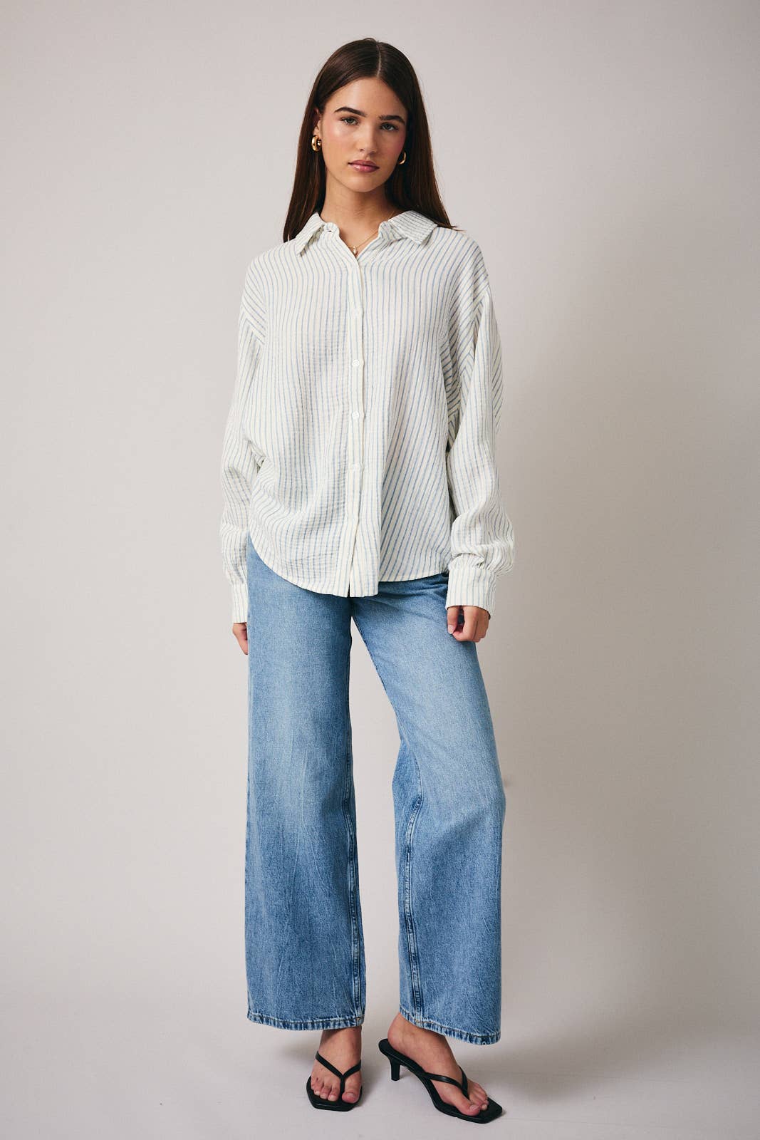 Blue and White Stripe Gauze Button Down Top