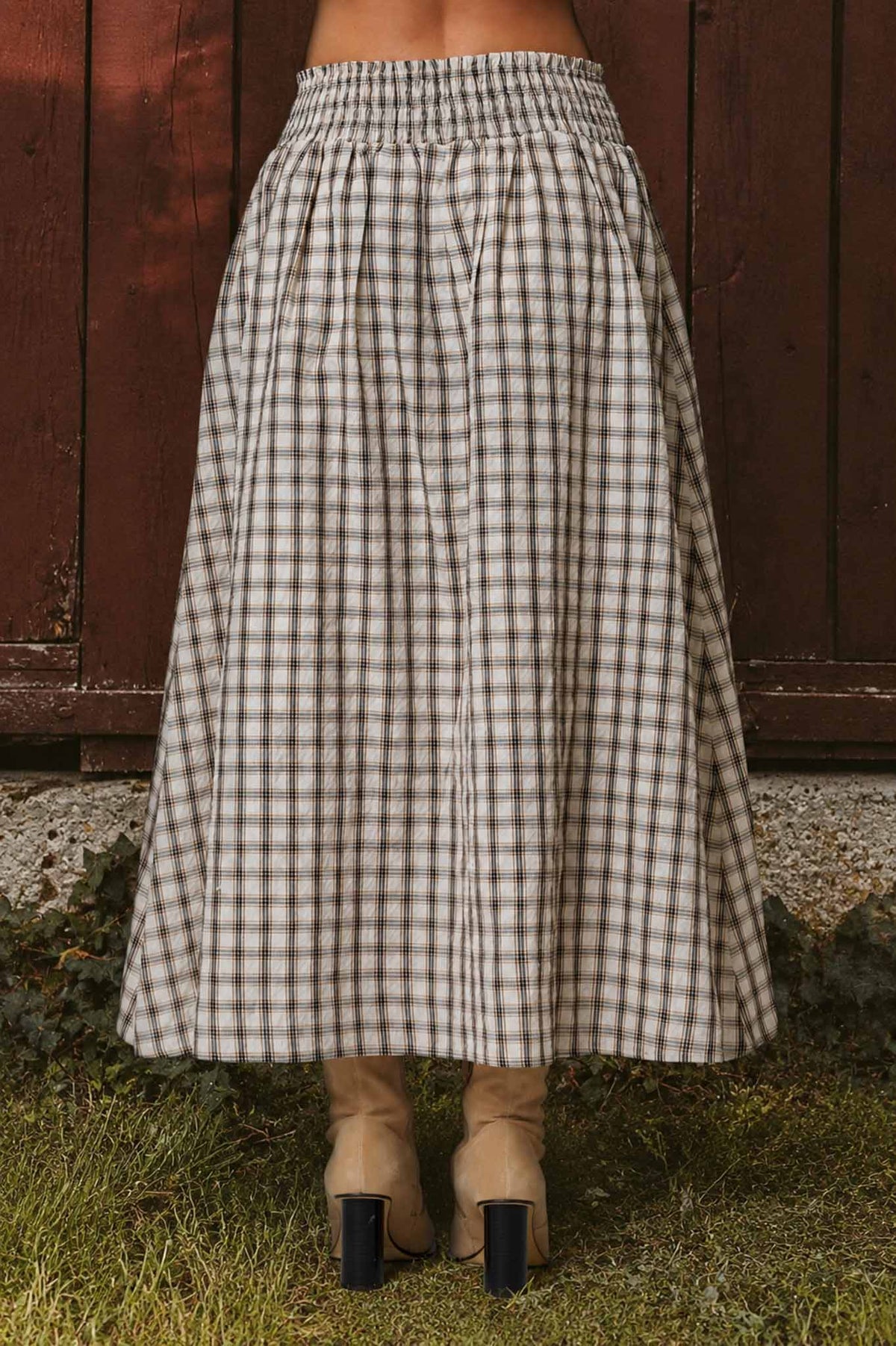 Khaki Plaid Smocked Waist Button Down Midi Skirt - 131008